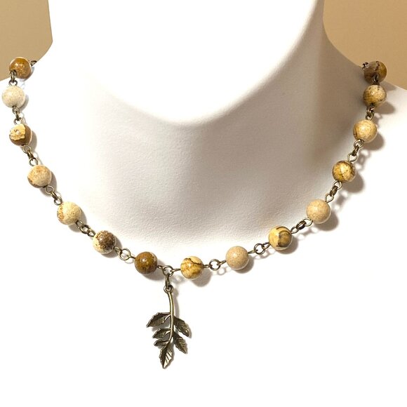 Genuine Yellow Picture Jasper Short Necklace, Bronze Leaf Branch Charm +Gemstone - Picture 2 of 15